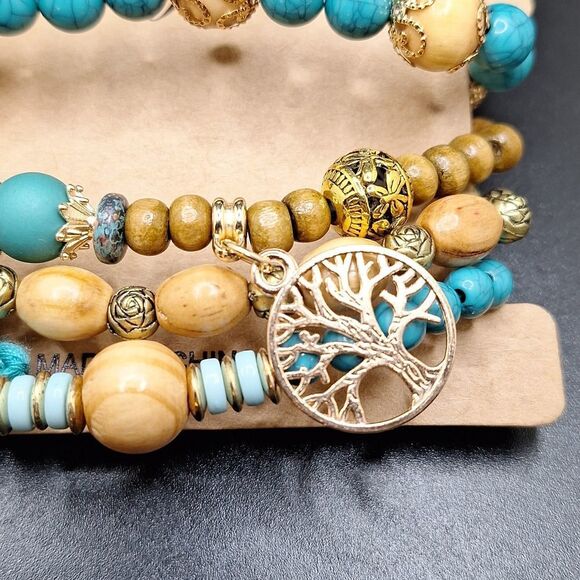 Turquoise tree of life bracelet wooden beaded layered boho tassel - Picture 4 of 4